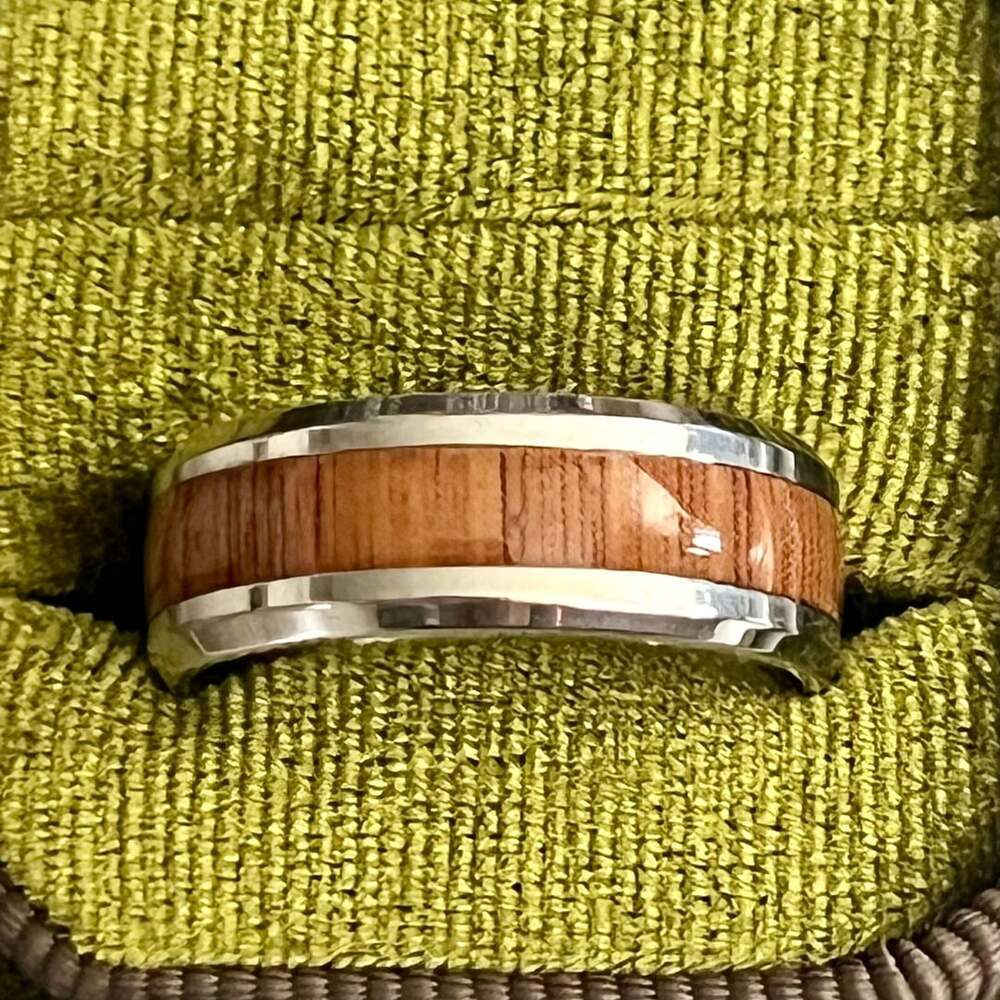 Tungsten Carbide Ring Koa Wood Inlay Silver Polished Finish 8mm Band Size 11